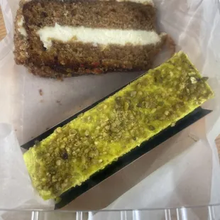 Cheese cake and pistachio log!  Yummy