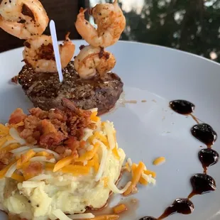 Chefs special Filet with Shrimp and Loaded Mash Potatoes.