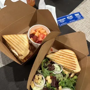 tuna melt w/ salad, chipotle chicken panini w/ fruits