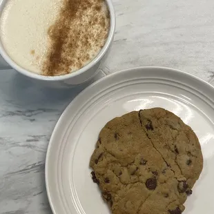 Chai tea latte and chocolate chip cookie!