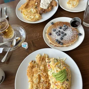 BACADO OMELETTE, CHICKEN FRIED STEAK, SIDE PANCAKE