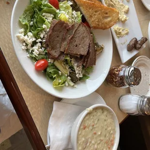 Salad with gyro meat and chicken and rice soup