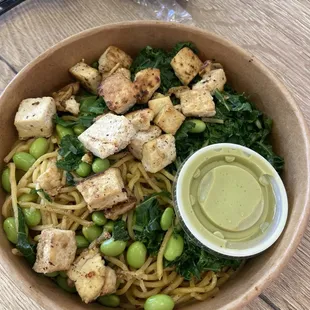 &quot;SMALL - Design Your Warm Bowl&quot; (garlic noodles, edamame, kale, tofu, vegan avocado cream dressing)