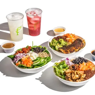 a variety of salads and drinks