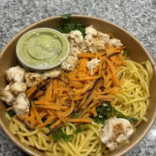 Grilled Chicken Breast, noodles, kale, and carrots with avocado sauce