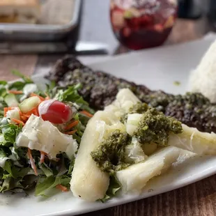Churrasco, Red Beans,White Rice, Yuca al Cilantro Mojo
