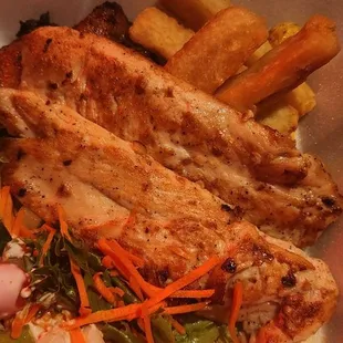 Pollo a la Plancha with salad, yucca fries, sweet plantains, and potatoes