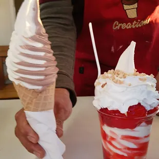 Chocolate, vanilla swirl ice cream on cone, and strawberry sundaes with whipped cream top with nuts.  So Creamy &amp; GOOD:)