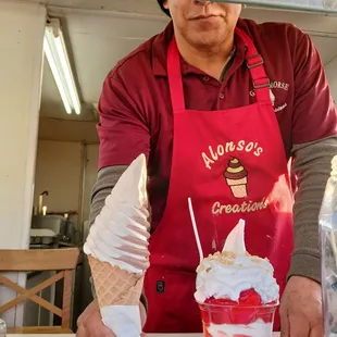 This is Ramon, who created  these delicious, yummy, soft serve chocolate vanilla swirl on a cone &amp; strawberry sundae w/cream