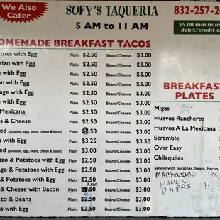 Menu for Homemade Breakfast Tacos &amp; Breakfast Plates.