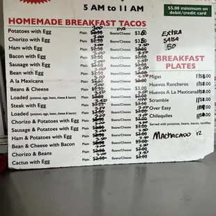 Breakfast menu