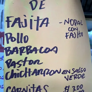 Little Menu for Tacos De Fajita, Pollo, Barbacoa, Pastor, Chicharron &amp; Carnitas.