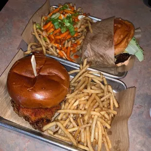 Buffalo fries + Veggie burger, chicken burger + fries