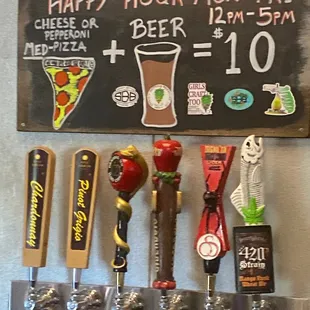Happy hour pizza and beer special.