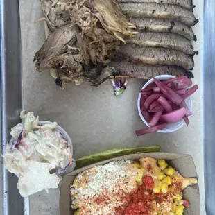2 meat (brisket and pulled pork- no BBQ sauce) with street corn and coleslaw
