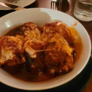 Our Meatballs Al Forno! Oven braised with classic Espagnole sauce served with Grilled Sourdough