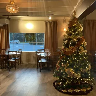 a christmas tree in the dining room