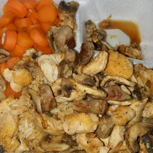 Steak and chicken combo with rice/carrots