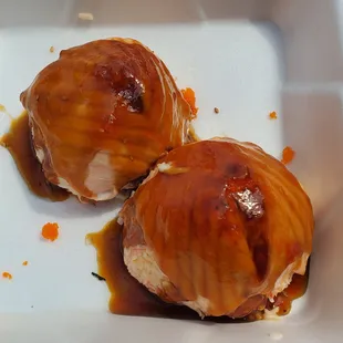 Baked Salmon Appetizers (Included eel sauce in sep container, eel sauce was poured over by yours truly)