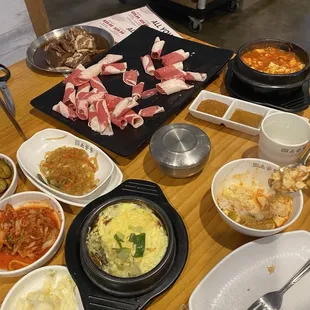 AYCE BBQ. Brisket and bulgogi meat. Glass noodle, steamed egg, soft tofu soup, and banchan!