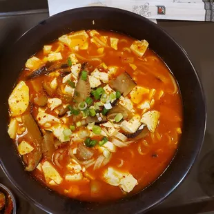 Soft tofu stew with noodles... spicy and yummy!!