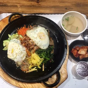 Hot stone plate &quot;Bibimbap&quot; with seafood topping, extra fried egg on top!!