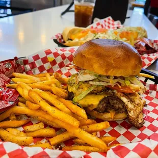 a basket of fries and a burger