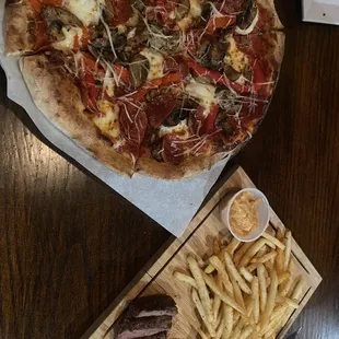 a pizza and french fries