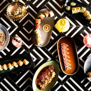 a variety of sushi dishes