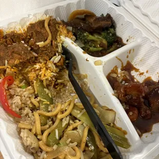 Broccoli beef  Orange chicken  Fried rice Low mein Butter chicken  White rice