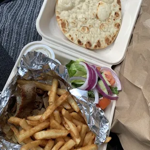 a tray of french fries and a pizza