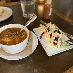 Shrimp gumbo and caviar deviled eggs