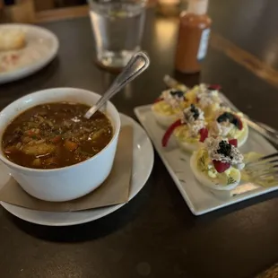 Shrimp gumbo and caviar deviled eggs