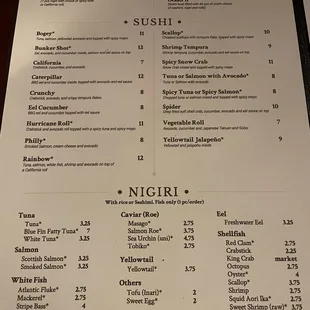 Sushi Menu