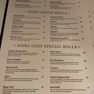 Sushi menu
