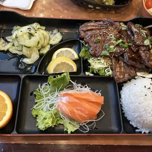 Soho Deluxe Box with Korean BBQ ribs and salmon sashimi ~ $23.95
