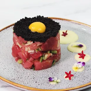 Toro Trio Tartare (Akami, Chutoro, Otoro) with Quail Egg + Black Tobiko