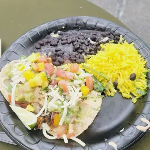 Veggie tacos, black beans, lemon rice