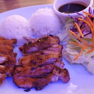 Chicken teriyaki and chicken katsu combo. Sauces aren&apos;t pictured.