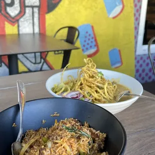 Thai Basil Fried Rice with pork belly and Khao Soi with chicken