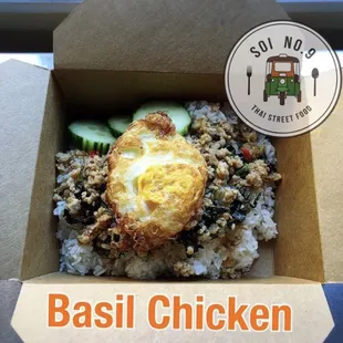 Stirred fried ground chicken with garlic, fresh chilies,thai basil and gluten-free light soy. Served with jasmine rice and a fried egg.