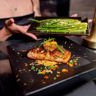 Blackened salmon, with mango chutney, and asparagus