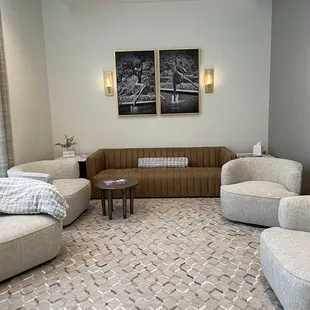 Waiting room which was stocked with water, tea and snacks