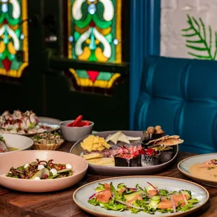 a variety of dishes on a table