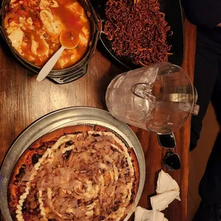 soondubu jiggae, chapagetti, and takoyaki pizza
