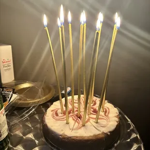 a birthday cake with lit candles