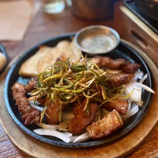 Grilled Beehive Cut Pork Belly with Oyster Mushrooms.