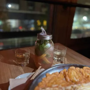 Kimchi pancake, grapefruit soju