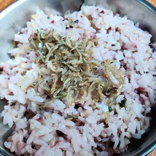 Complimentary rice with dried baby anchovies. Good texture with the moist glutinous rice and tiny firm fish