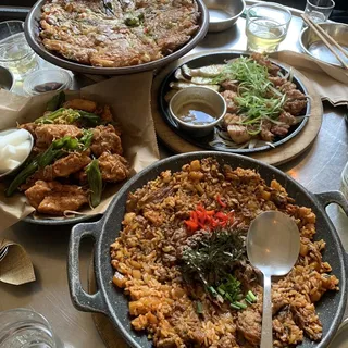 Boneless Fried Chicken with crispy baby anchovy, shishito peppers